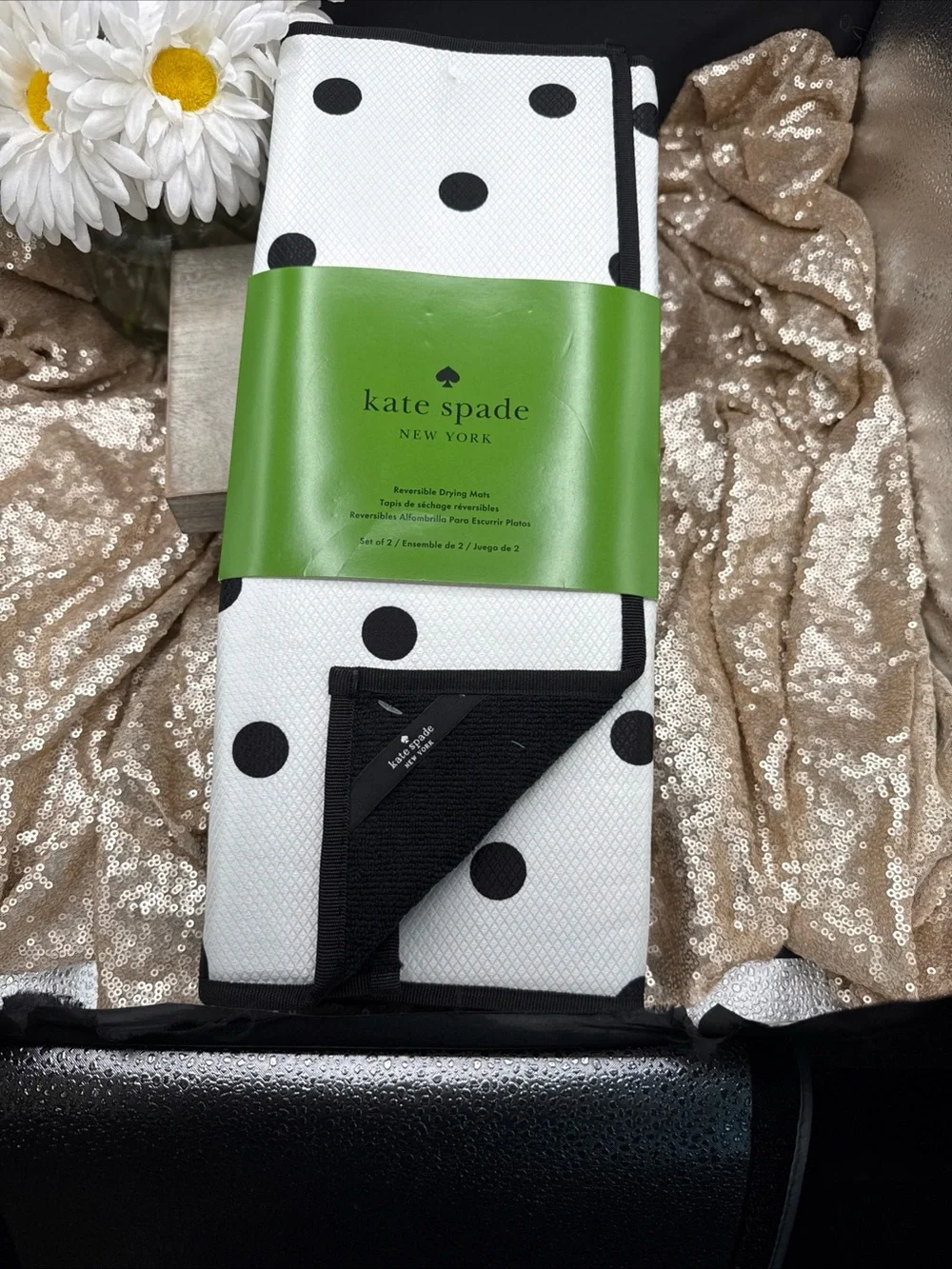 Kate Spade New York White Black Polka Dot Reversible Drying Mats Set Of 2